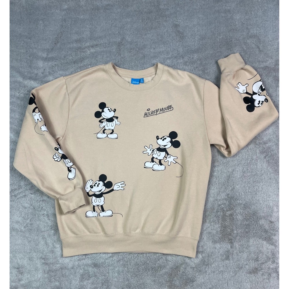 Disney Mickey Mouse Sweatshirt Adult Medium Beige Graphic All Over Print Crew